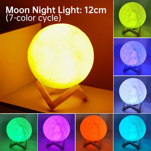 LED Night Light 3D Print Moon Lamp 8CM/12CM Battery Powered With Stand Starry Lamp 7 Color Bedroom Decor Night Lights Kids Gift