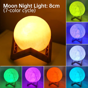 LED Night Light 3D Print Moon Lamp 8CM/12CM Battery Powered With Stand Starry Lamp 7 Color Bedroom Decor Night Lights Kids Gift