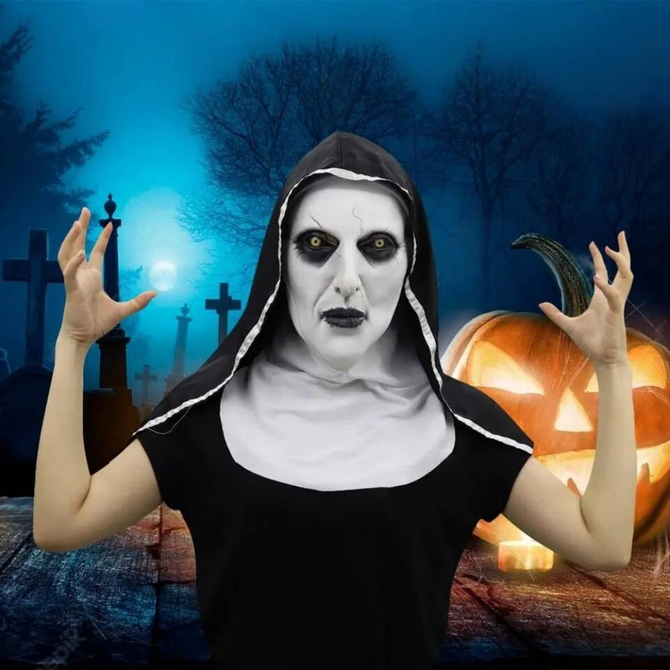 Horror Nun Latex Mask with Head Scarf